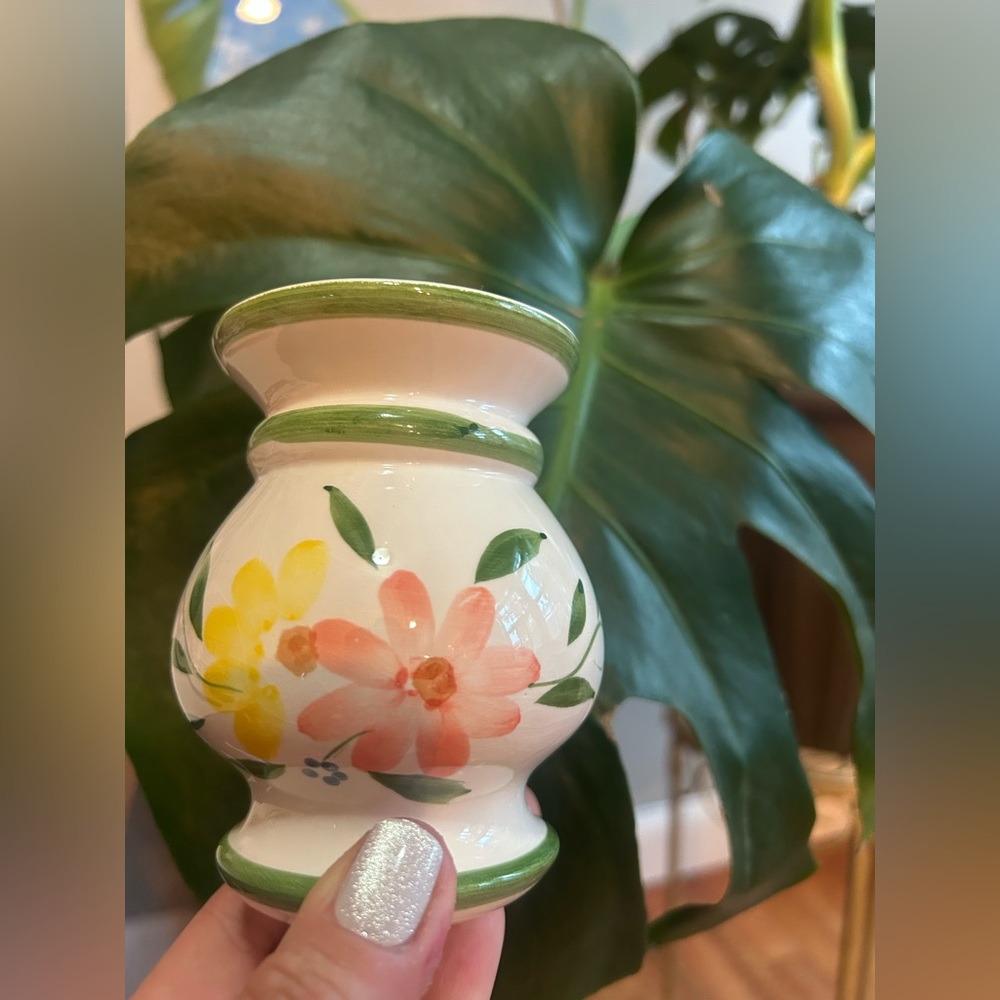 Vintage 4” Floral Ceramic Vase with Green Accents
